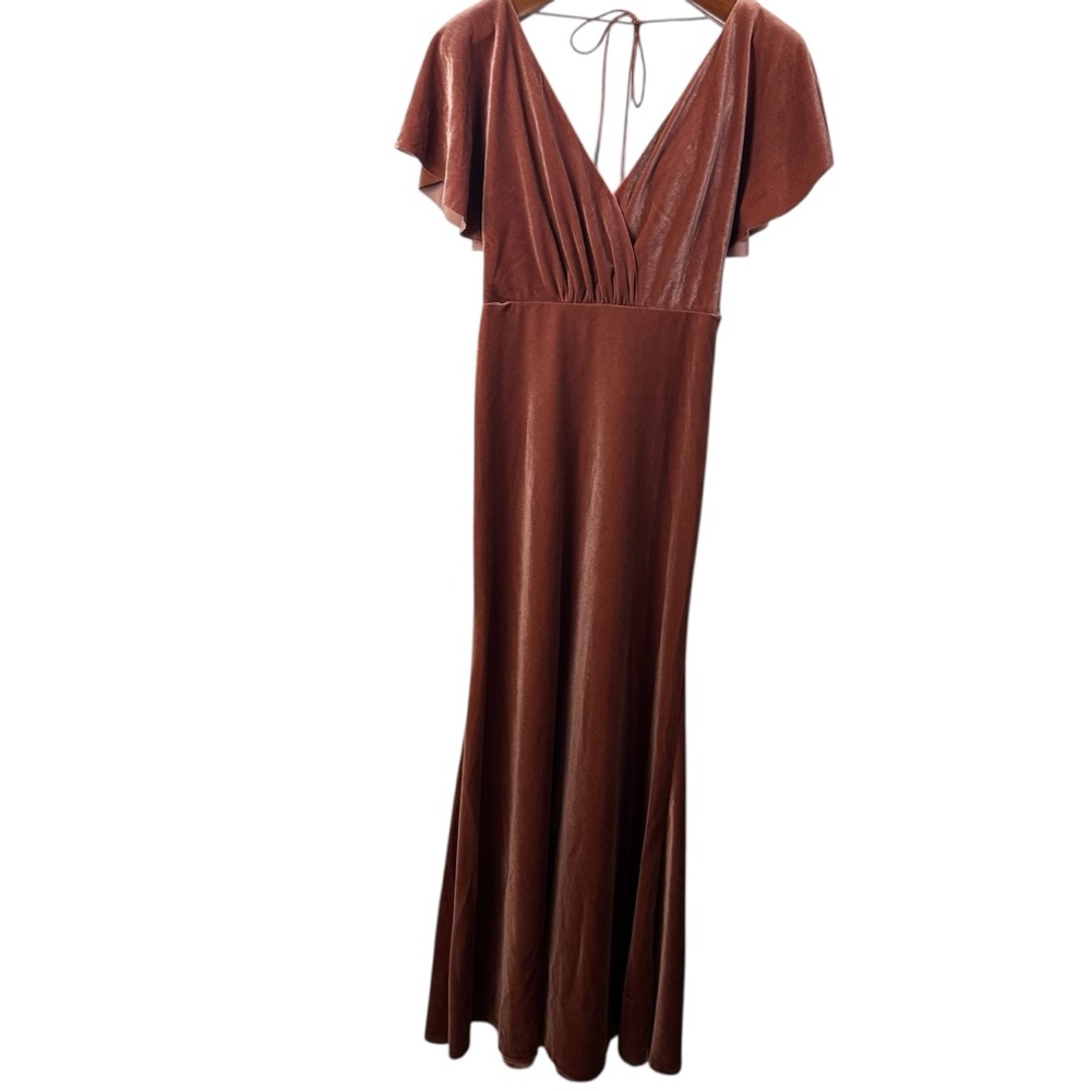 Jenny Yoo Brown Velour Gown with Plunge Neckline Flutter Sleeves Size 4